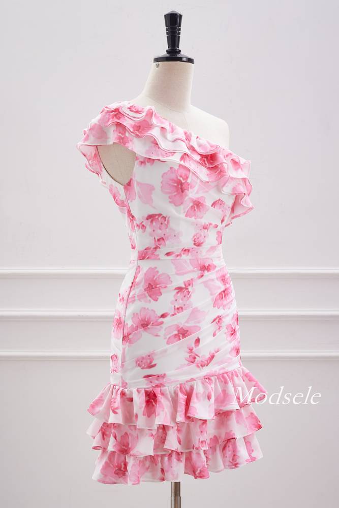 Pink Floral Print One Shoulder Tight Ruffle Homecoming Dress