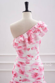 Pink Floral Print One Shoulder Tight Ruffle Homecoming Dress
