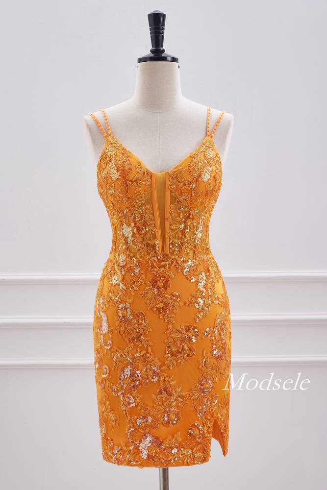 Double Straps Neon Orange Applique Bodycon Homecoming Dress