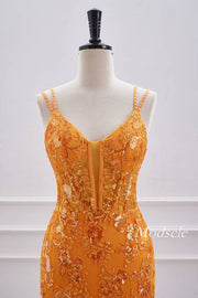 Double Straps Neon Orange Applique Bodycon Homecoming Dress