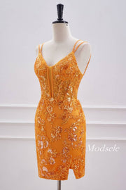 Double Straps Neon Orange Applique Bodycon Homecoming Dress