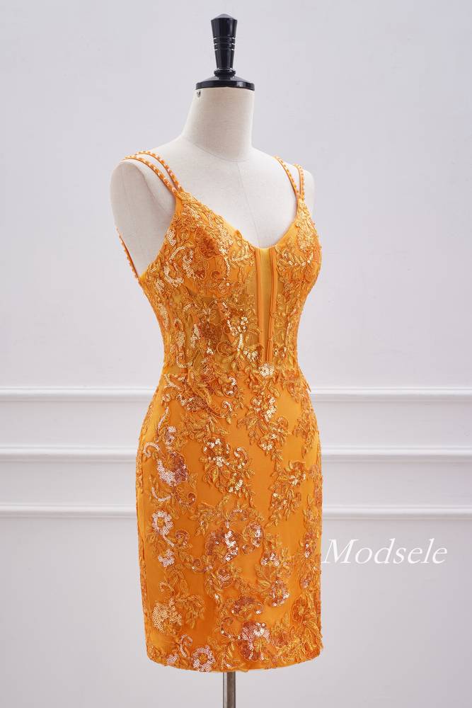 Double Straps Neon Orange Applique Bodycon Homecoming Dress