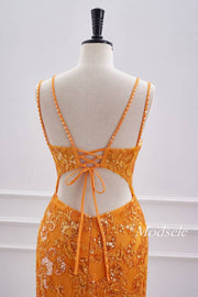 Double Straps Neon Orange Applique Bodycon Homecoming Dress