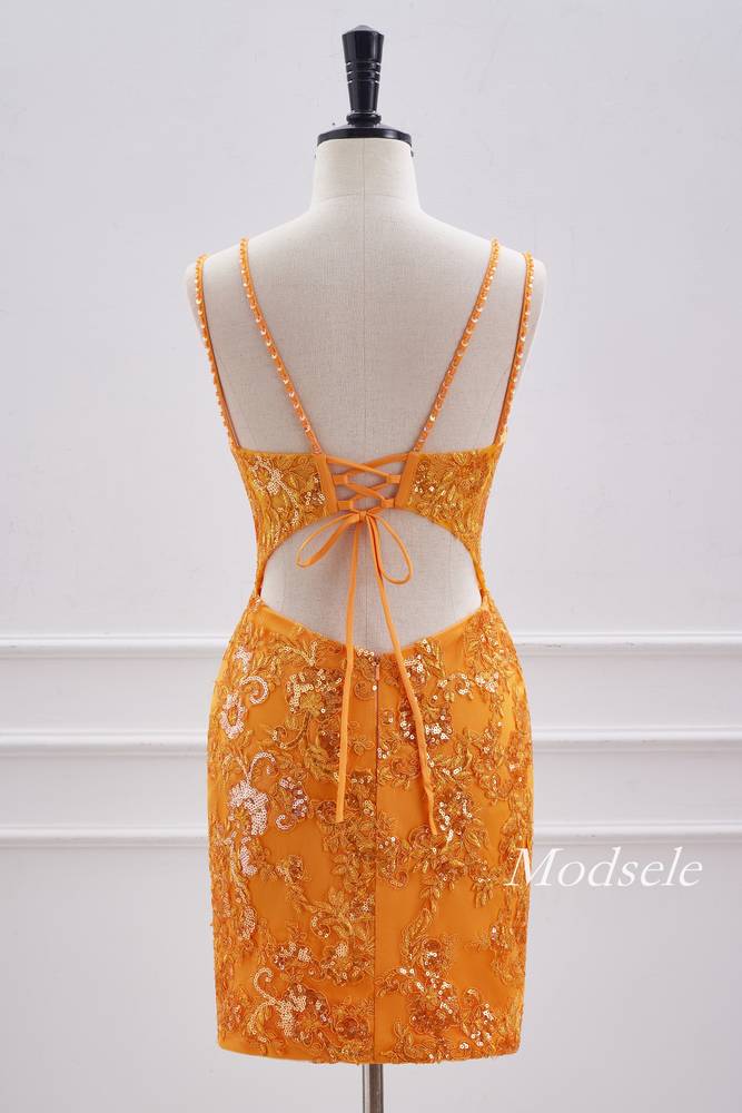 Double Straps Neon Orange Applique Bodycon Homecoming Dress