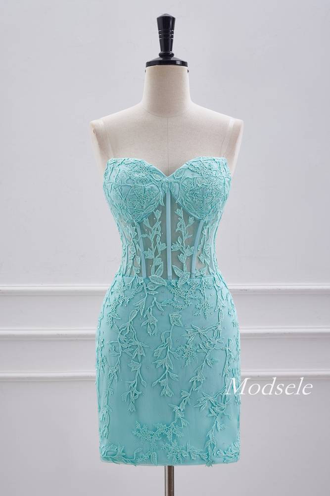 Straples Aqua Green Applique Tight Homecoming Dress with Lace-up