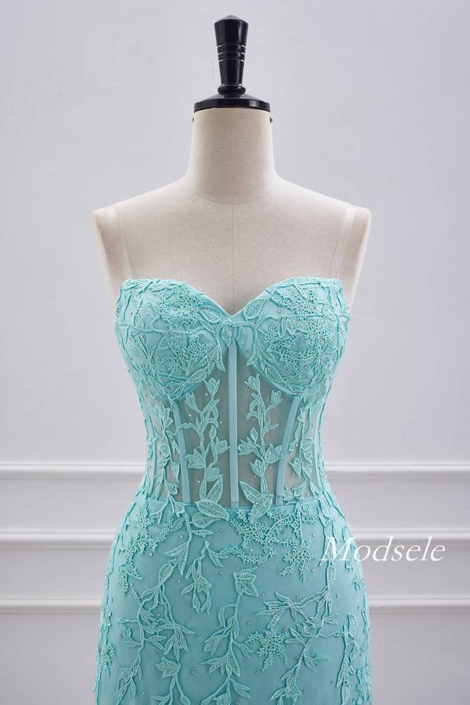 Strapless Aqua Green Applique Tight Homecoming Dress with Lace-up Modsele Strapless Aqua Green Applique Tight Homecoming Dress with Lace-up Modsele