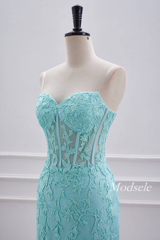 Straples Aqua Green Applique Tight Homecoming Dress with Lace-up