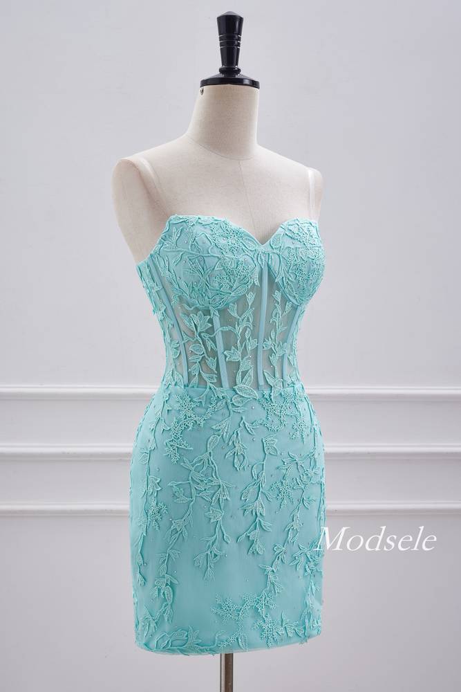 Straples Aqua Green Applique Tight Homecoming Dress with Lace-up