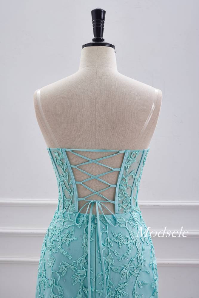 Straples Aqua Green Applique Tight Homecoming Dress with Lace-up