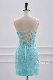 Straples Aqua Green Applique Tight Homecoming Dress with Lace-up