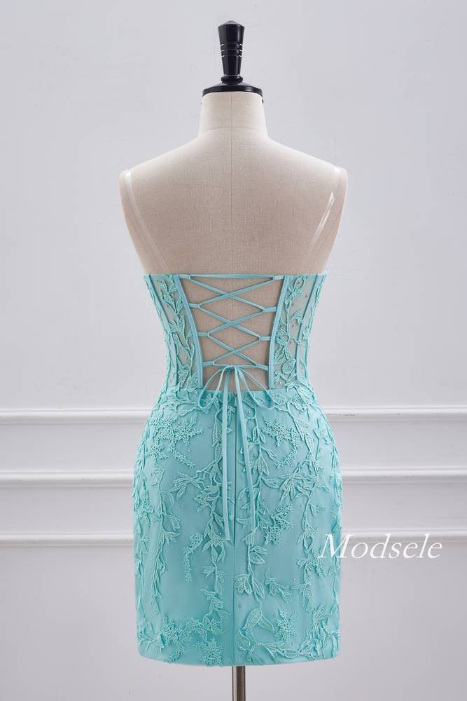 Straples Aqua Green Applique Tight Homecoming Dress with Lace-up