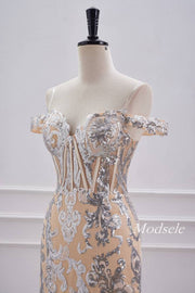 Champagne Off the Shoulder Sequin Boned Tight Homecoming Dress