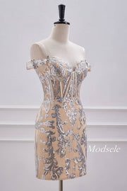 Champagne Off the Shoulder Sequin Boned Tight Homecoming Dress