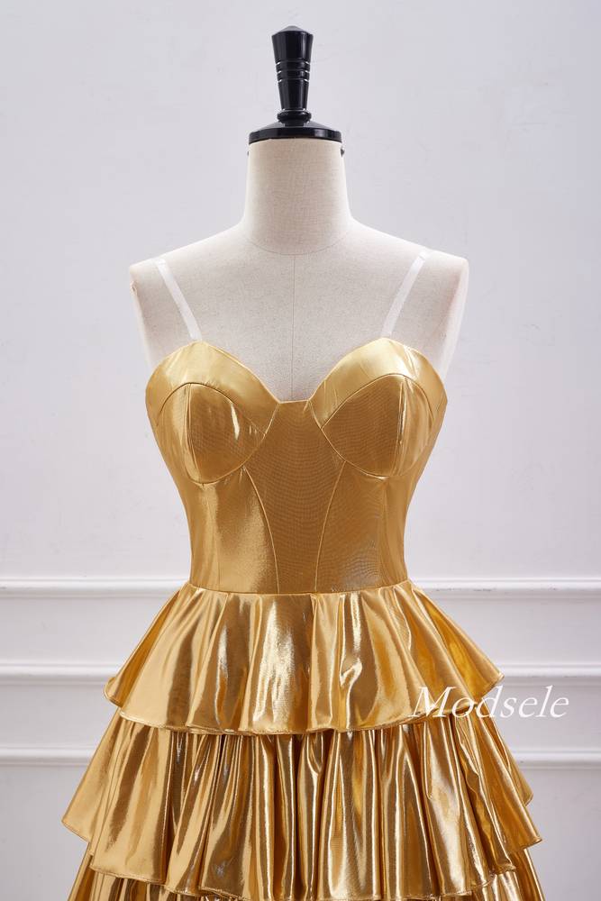 Strapless Gold Metallic A-Line Ruffle Homecoming Dress Modsele Strapless Gold Metallic A-Line Ruffle Homecoming Dress Modsele