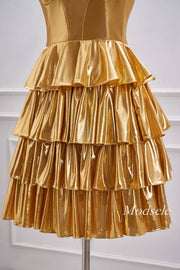 Strapless Gold Metallic A-Line Ruffle Homecoming Dress