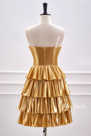 Strapless Gold Metallic A-Line Ruffle Homecoming Dress