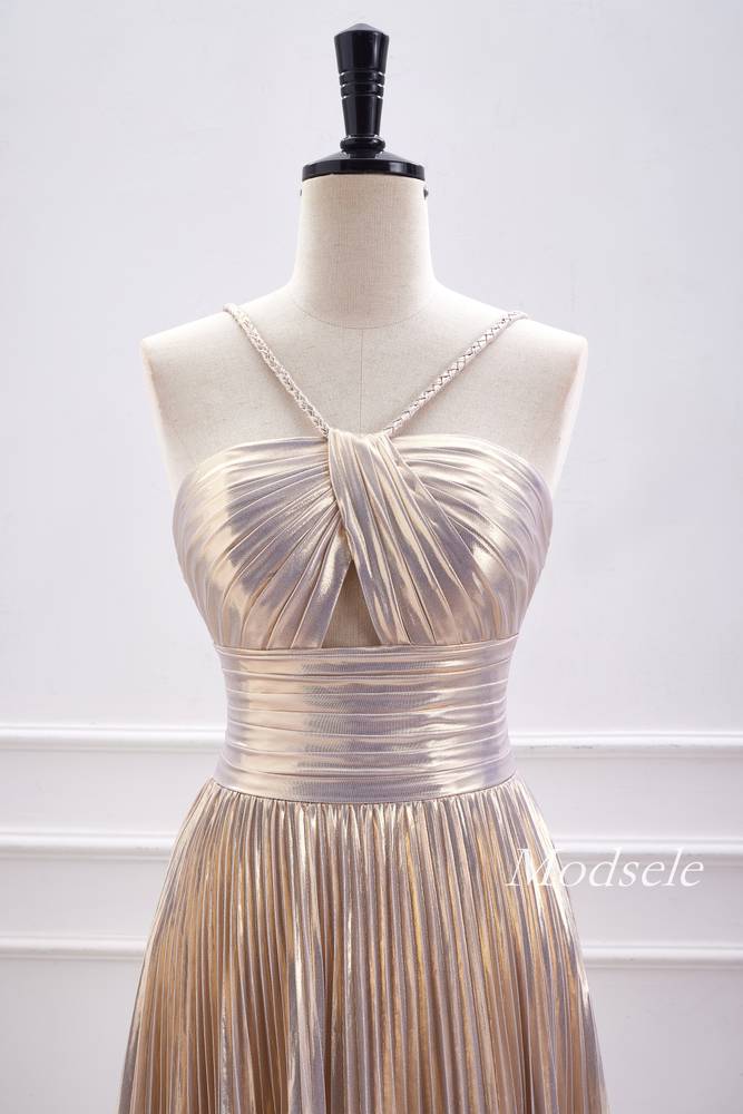 Champagne Metallic Spaghetti Strap Pleated A-Line Homecoming Dress