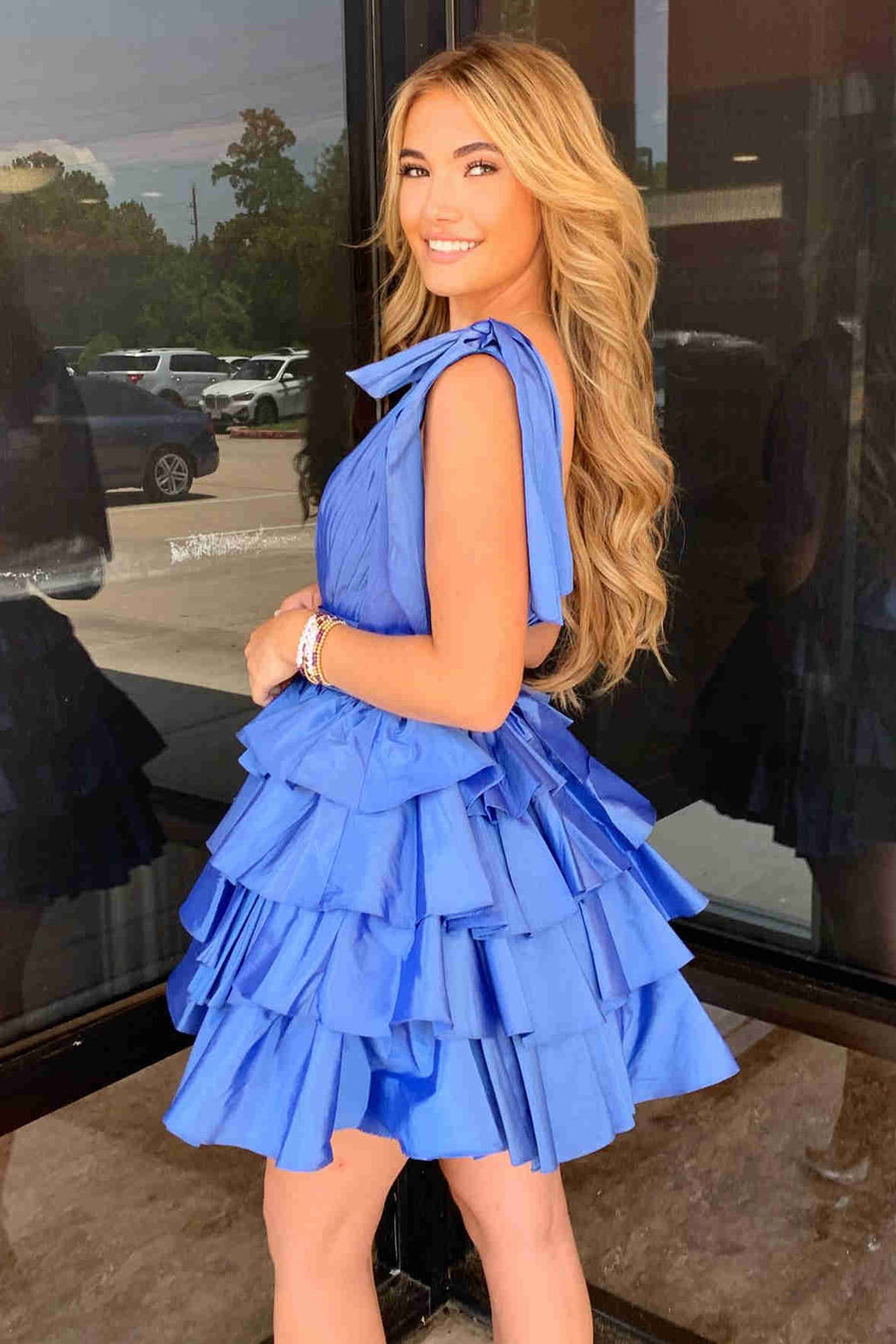 V-Neck Blue A-line Ruffle Homecoming Dress with Bow