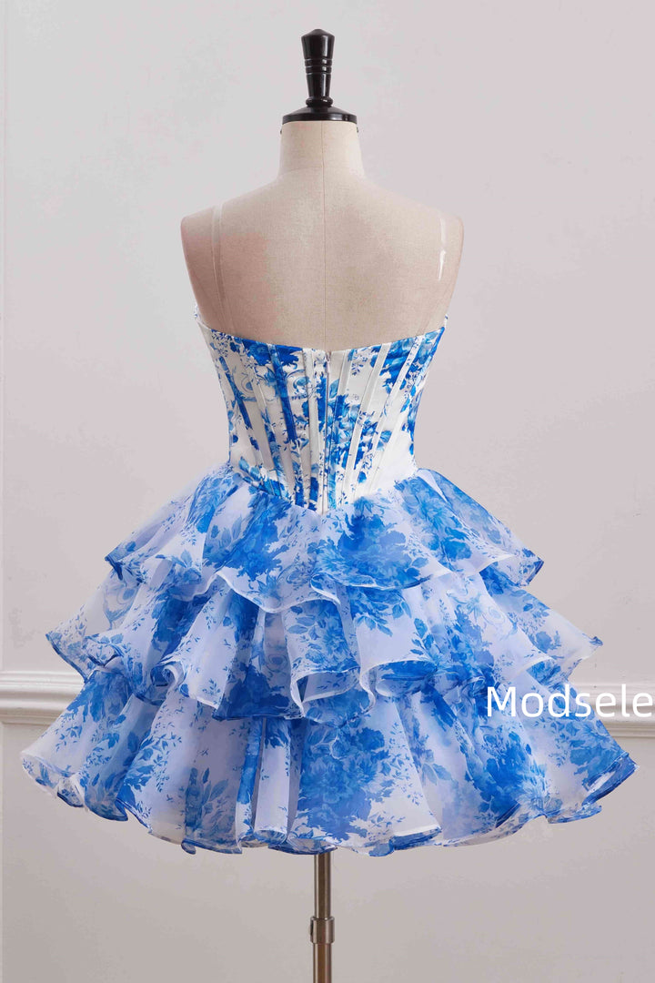 Blue Ruffles Chiffon Print A-Line Empire-Waist Sleeveless Homecoming Dress