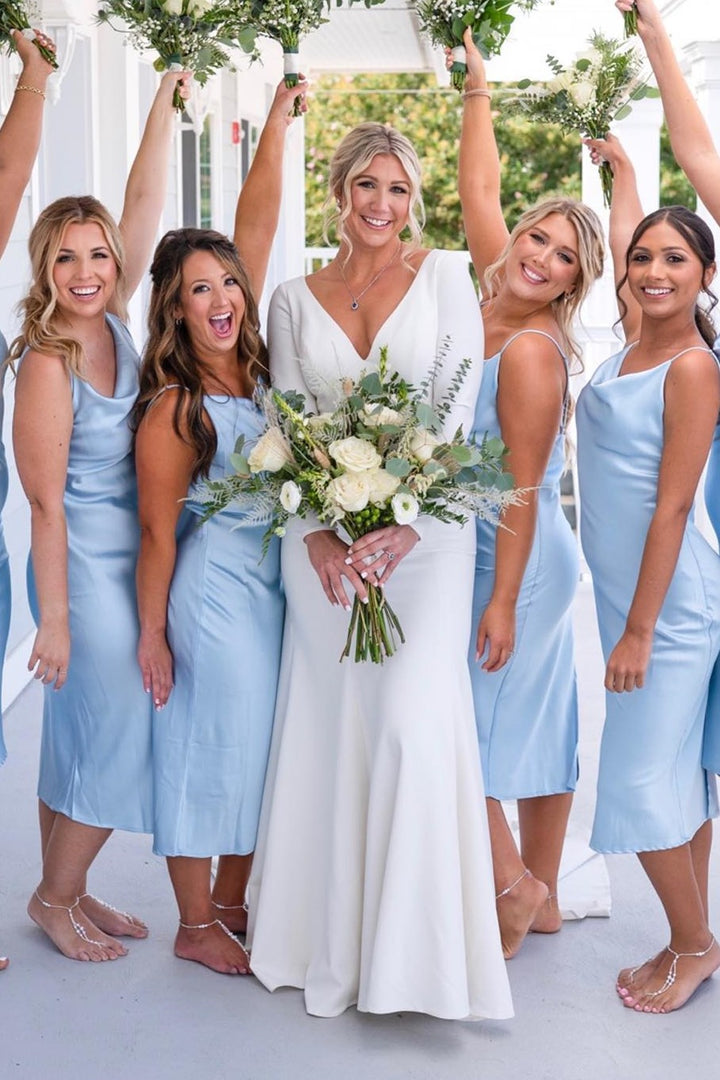 Light Blue Satin Cowl Neck Straps Calf-Length Bridesmaid Dress