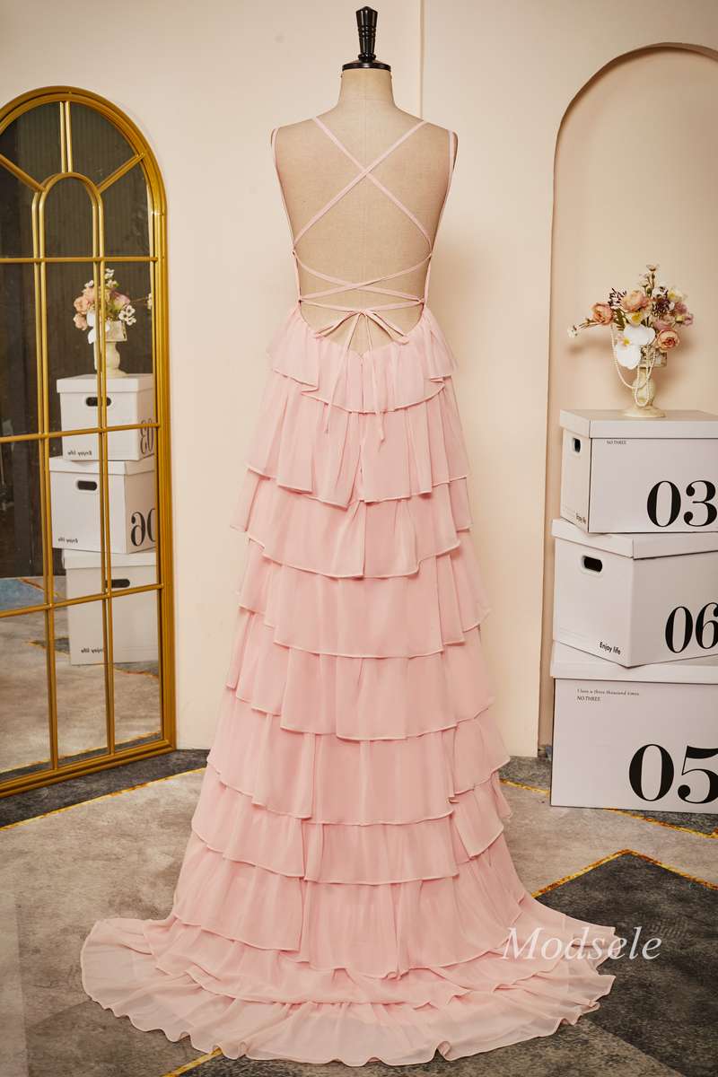 Pink Chiffon Lace-Up Ruffle Tiered Long Prom Dress Modsele Pink Chiffon Lace-Up Ruffle Tiered Long Prom Dress Modsele