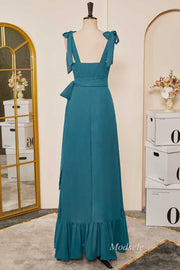 Emerald Tie Strap Ruffle Long Bridesmaid Dress