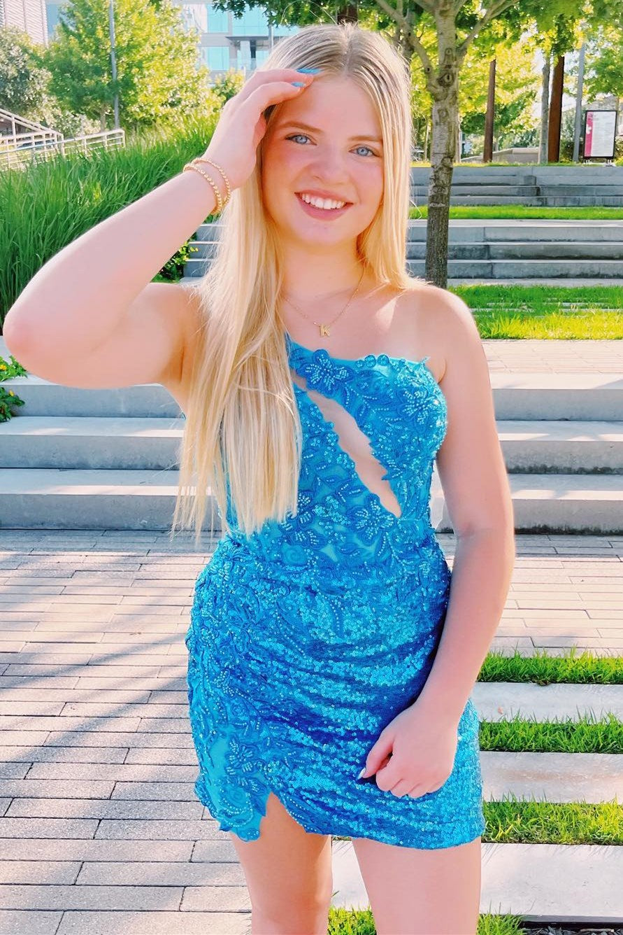 Blue Sequin One-Shoulder Keyhole Cocktail Dress with Floral Lace Modsele Blue Sequin One-Shoulder Keyhole Cocktail Dress with Floral Lace Modsele