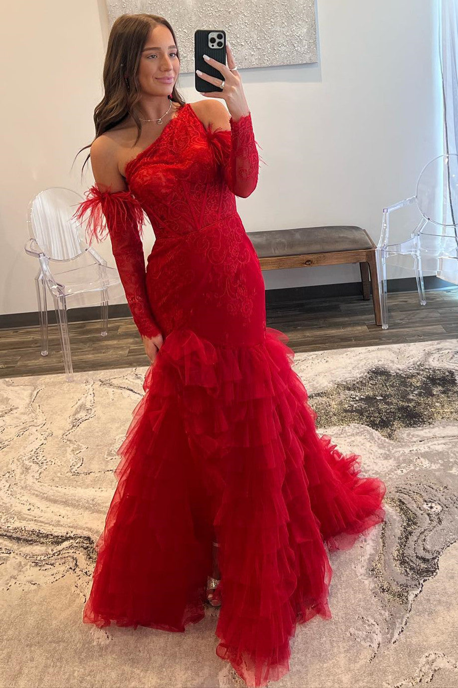 Red Lace One Shoulder Prom Dress