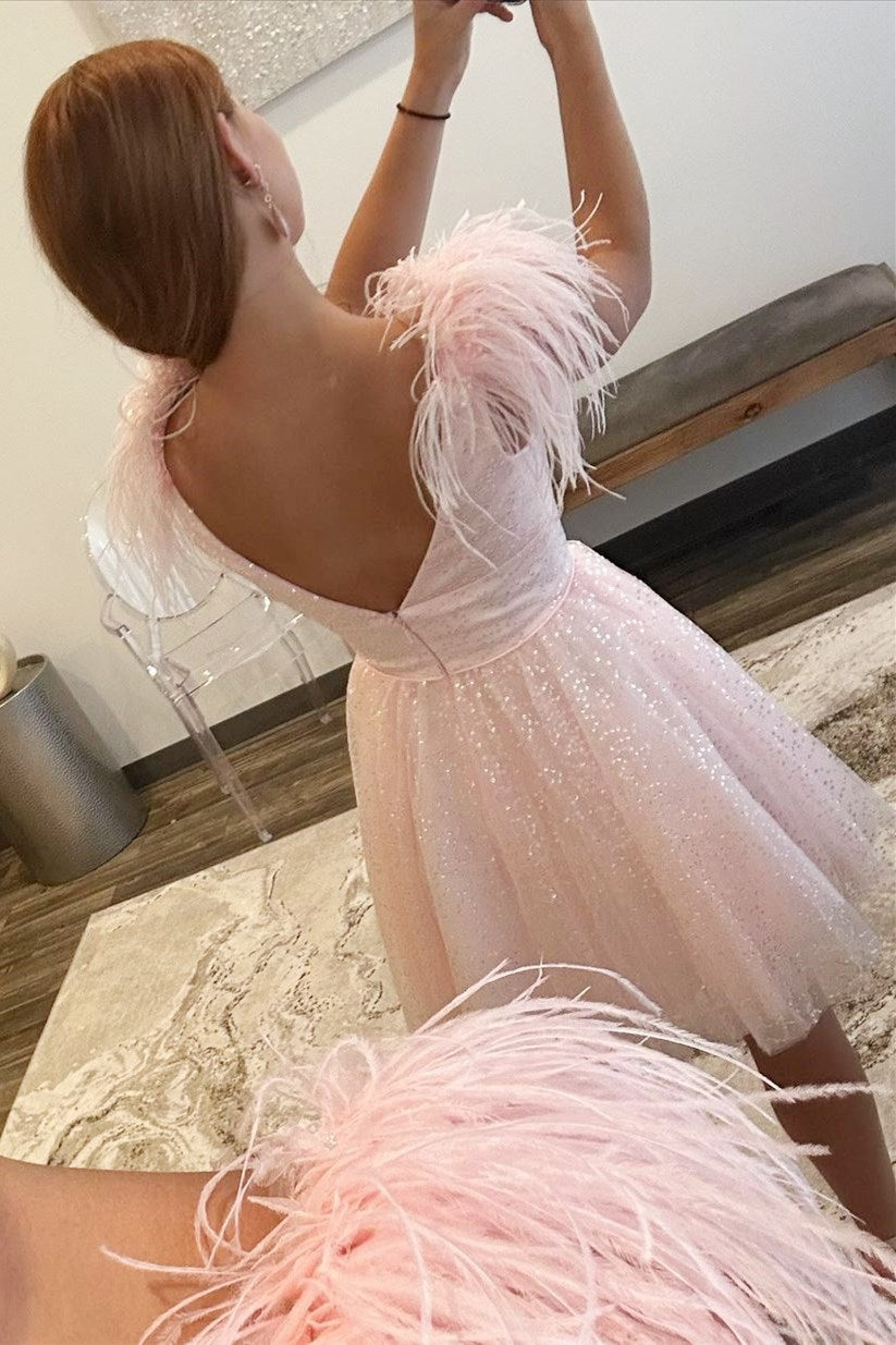 Pink Sequin-Embroidery V-Neck A-Line Homecoming Dress with Feathers Modsele Pink Sequin-Embroidery V-Neck A-Line Homecoming Dress with Feathers Modsele