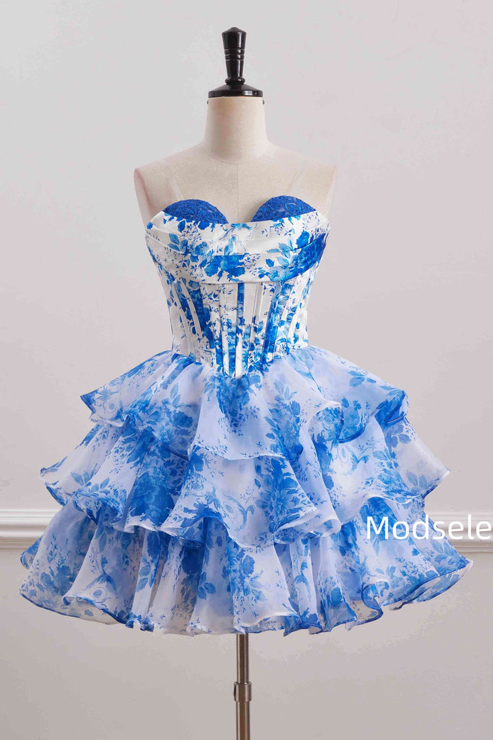 Blue Ruffles Chiffon Print A-Line Empire-Waist Sleeveless Homecoming Dress
