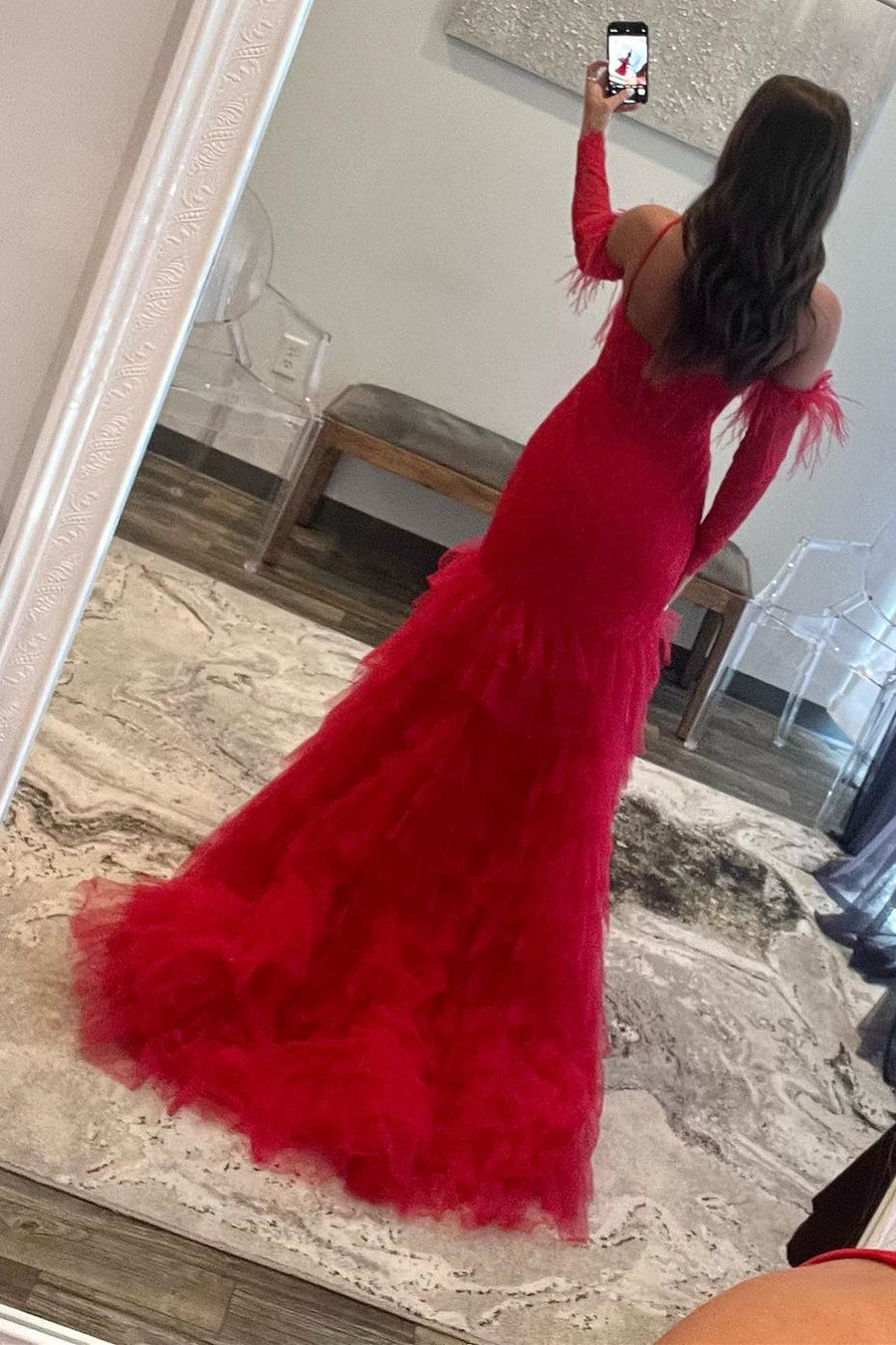 Red Lace One-Shoulder Tiered Mermaid Long Prom Dress