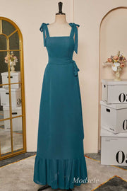 Emerald Tie Strap Ruffle Long Bridesmaid Dress