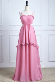 Pink Spaghetti Strap Bow-Back Ruffle Maxi Dress