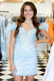 Light Blue Off-the-Shoulder Appliques Short Gown with Feathers