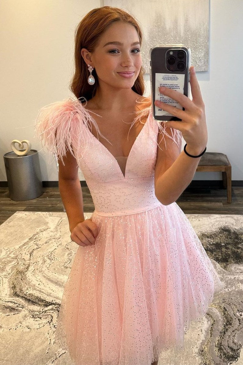 Pink Sequin-Embroidery V-Neck A-Line Homecoming Dress with Feathers