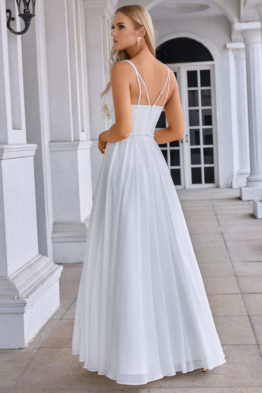 White Chiffon Surplice Neck A-Line Long Dress with Spaghetti Straps Modsele White Chiffon Surplice Neck A-Line Long Dress with Spaghetti Straps Modsele