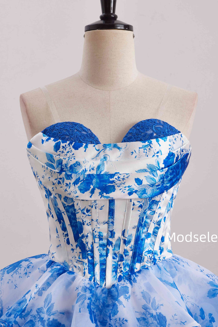 Blue Ruffles Chiffon Print A-Line Empire-Waist Sleeveless Homecoming Dress