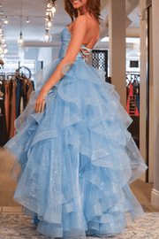 Ruffles Strapless Blue V-Neck Tiered Tulle A-Line Long Prom Dress