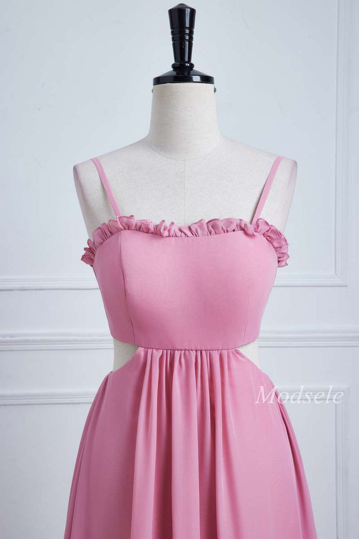Pink Spaghetti Strap Bow-Back Ruffle Maxi Dress