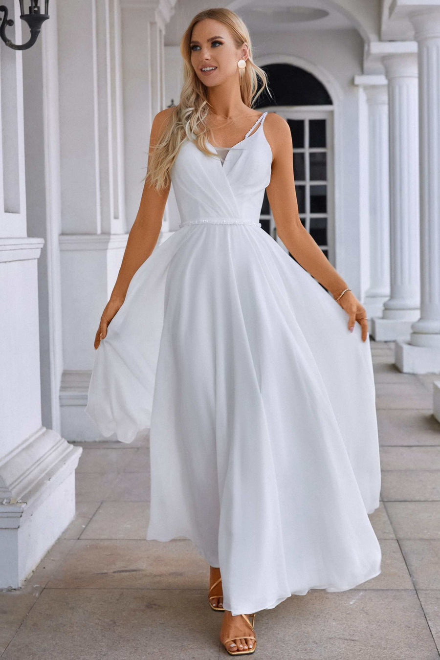 White Chiffon Surplice Neck A-Line Long Dress with Spaghetti Straps Modsele White Chiffon Surplice Neck A-Line Long Dress with Spaghetti Straps Modsele