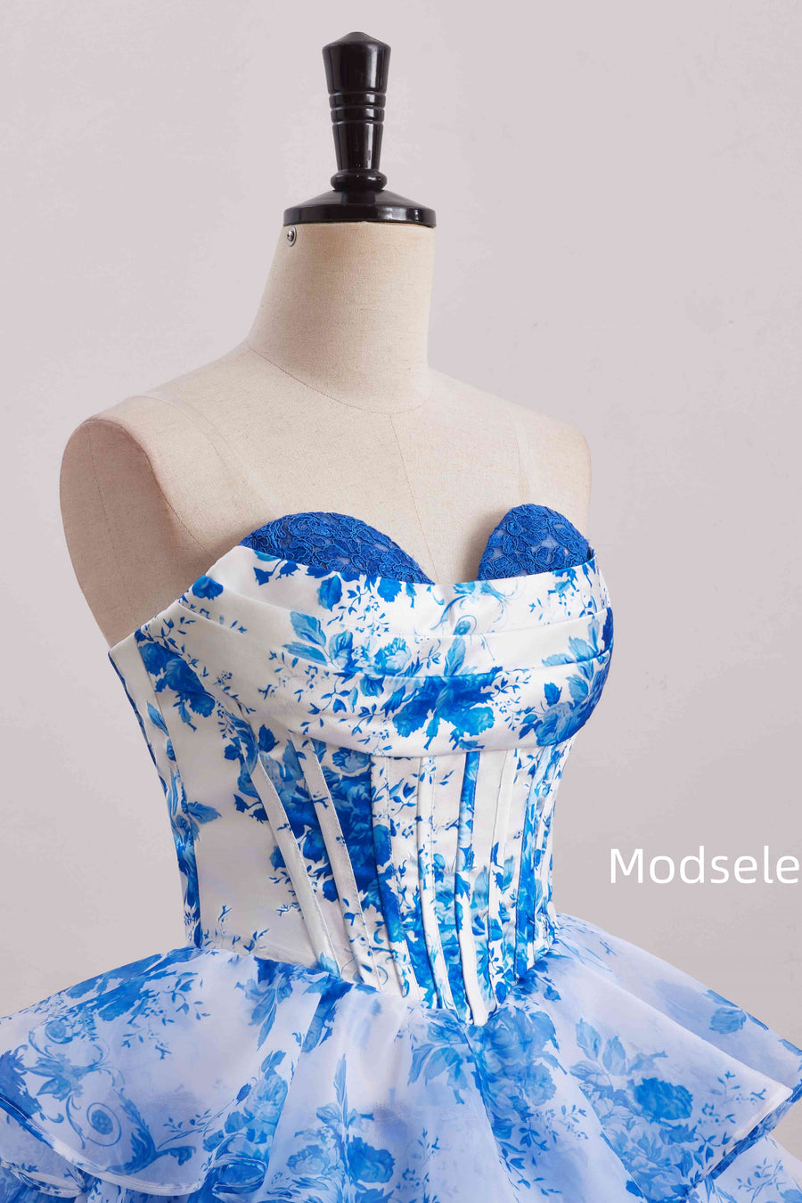 Blue Ruffles Chiffon Print A-Line Empire-Waist Sleeveless Homecoming Dress