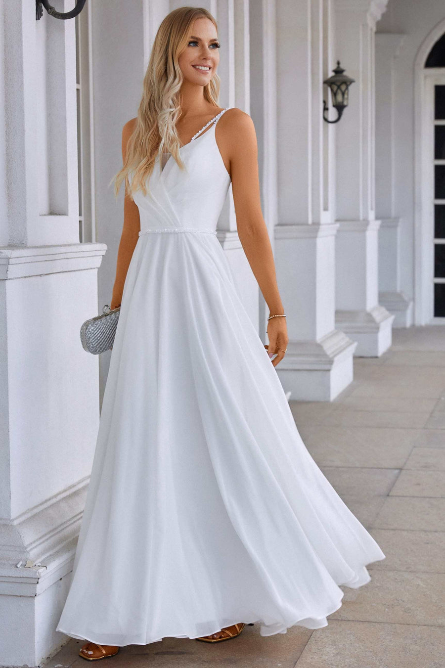 White Chiffon Surplice Neck A-Line Long Dress with Spaghetti Straps Modsele White Chiffon Surplice Neck A-Line Long Dress with Spaghetti Straps Modsele