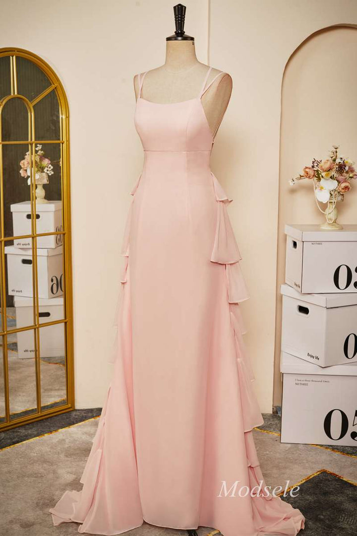 Pink Chiffon Lace-Up Ruffle Tiered Long Prom Dress