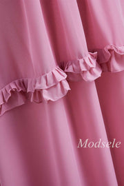 Pink Spaghetti Strap Bow-Back Ruffle Maxi Dress