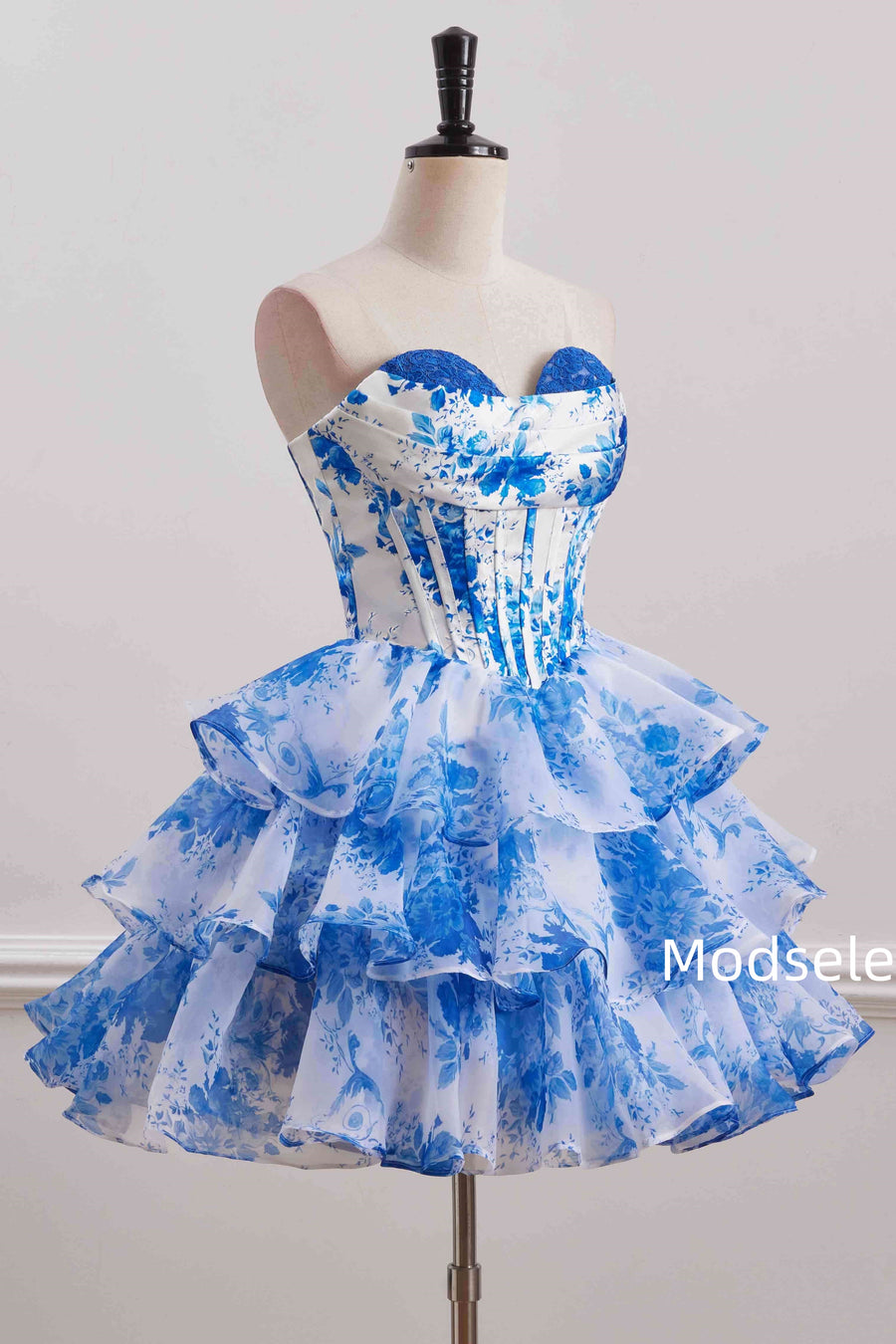 Blue Ruffles Chiffon Print A-Line Empire-Waist Sleeveless Homecoming Dress