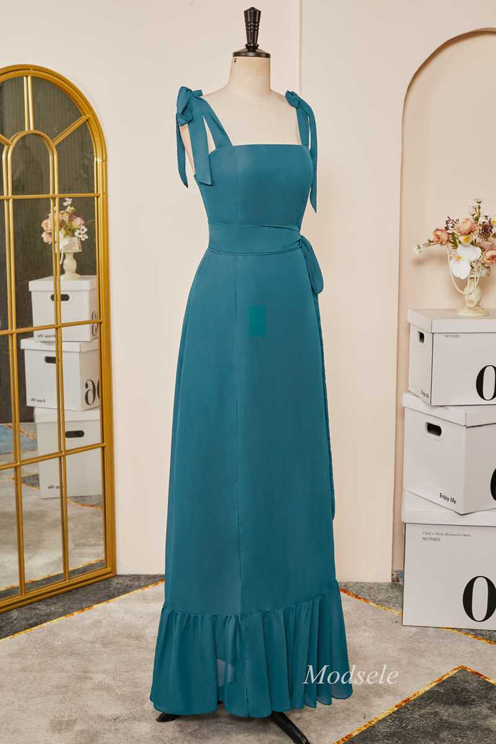 Emerald Tie Strap Ruffle Long Bridesmaid Dress