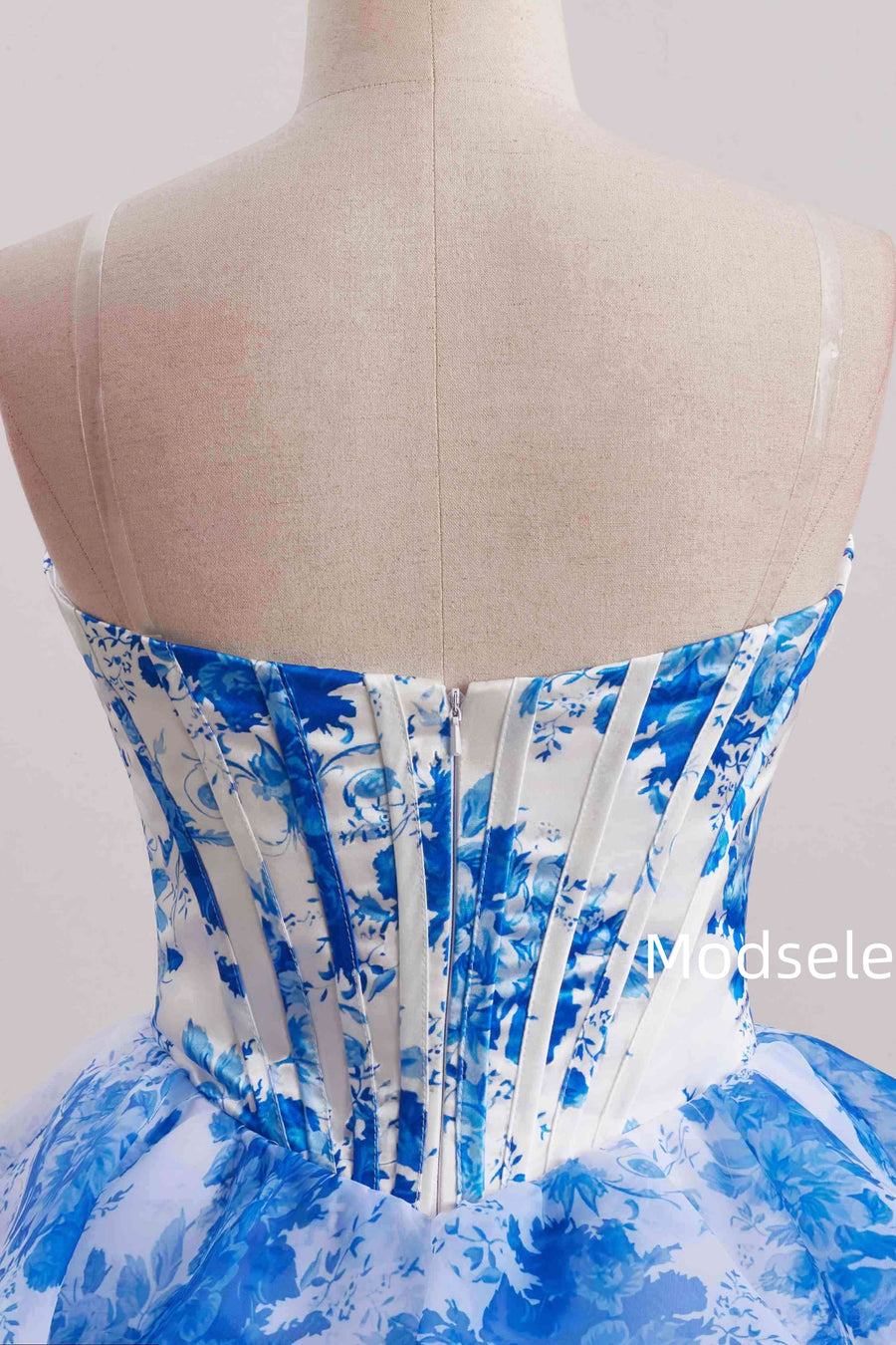 Blue Ruffles Chiffon Print A-Line Empire-Waist Sleeveless Homecoming Dress