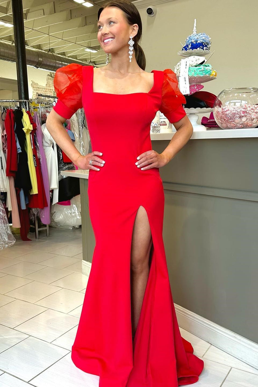 Hot Pink Square Neck Puff Sleeve Mermaid Long Dress with Slit