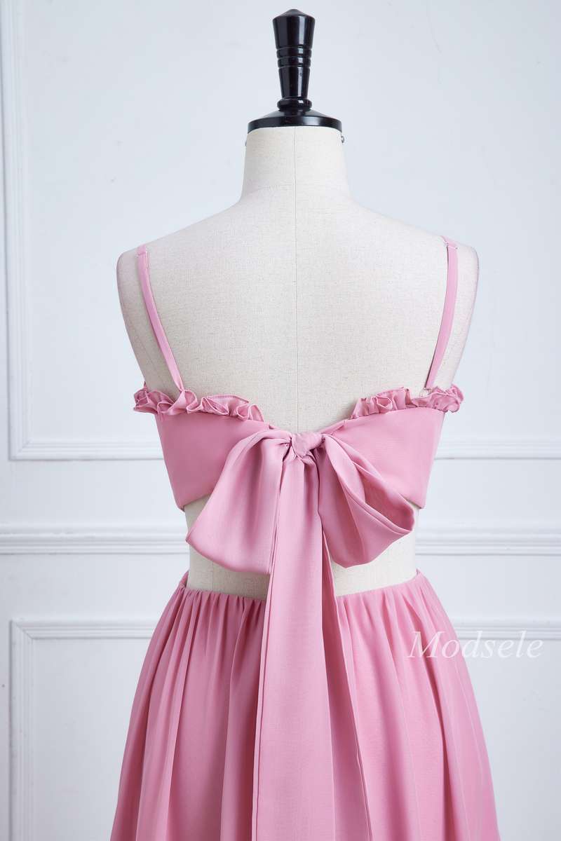 Pink Spaghetti Strap Bow-Back Ruffle Maxi Dress Modsele Pink Spaghetti Strap Bow-Back Ruffle Maxi Dress Modsele