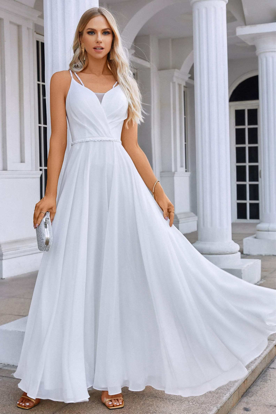 White Chiffon Surplice Neck A-Line Long Dress with Spaghetti Straps Modsele White Chiffon Surplice Neck A-Line Long Dress with Spaghetti Straps Modsele